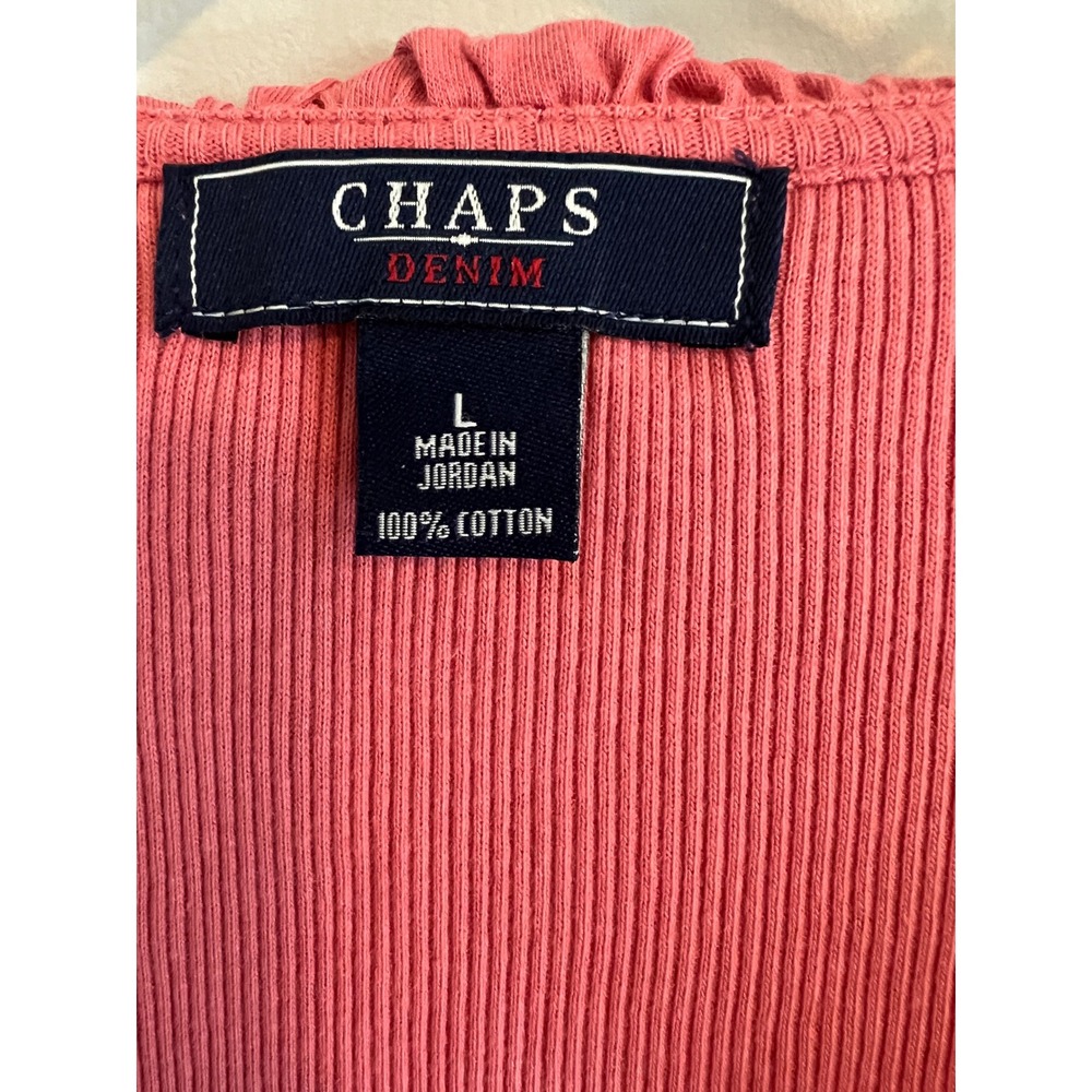 Chaps Denim Womens Coral Pink Ribbed Ruffle V-Neck 3/4 Sleeve Cotton Top Large - Picture 3 of 3